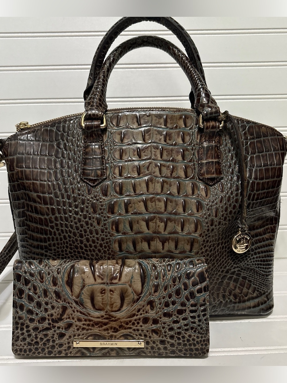 BRAHMIN Duxbury Brown Croc Embossed Leather Satchel Shoulder Bag Tote Wallet Set